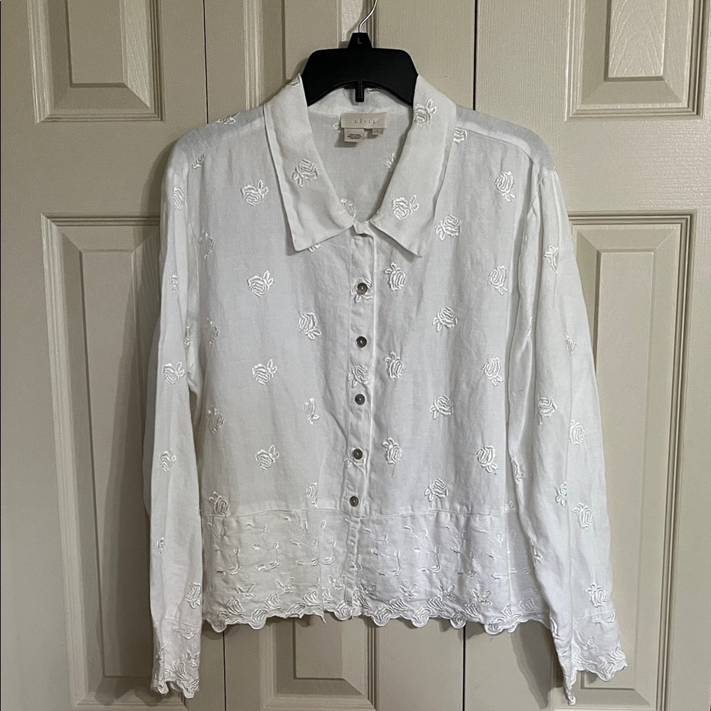J. Jill White Embroidered Linen Button-Down Shirt